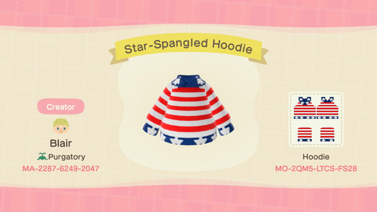 Animal Crossing Design Code: MO-2QM5-LTCS-FS28 Star-Spangled Hoodie