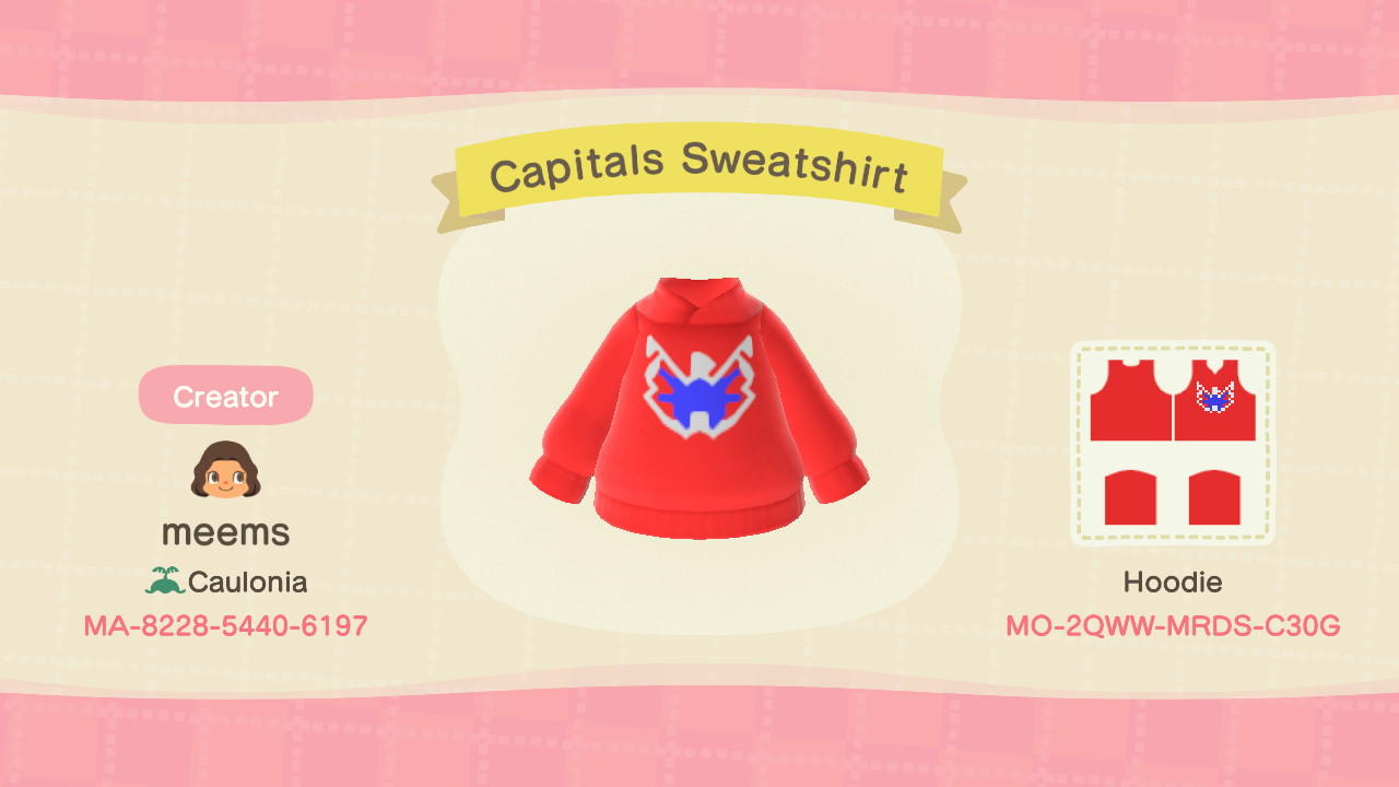 Animal Crossing Design Code: MO-2QWW-MRDS-C30G Capitals Sweatshirt