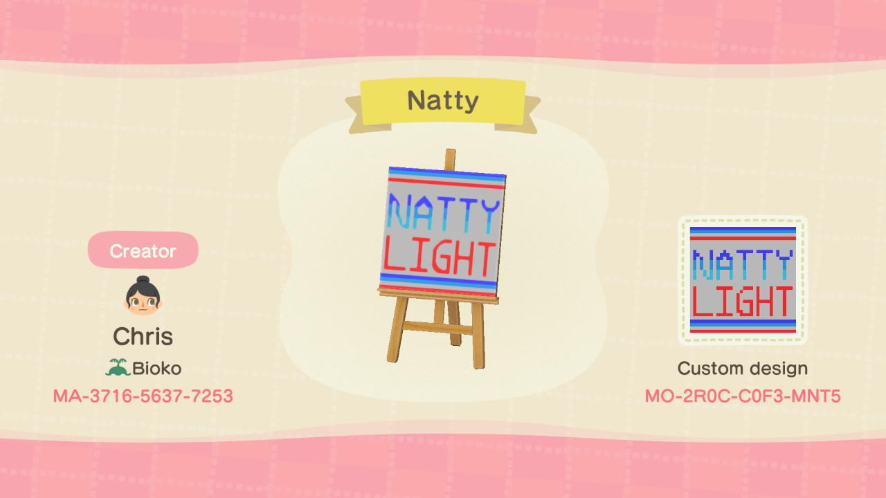 Animal Crossing Design Code: MO-2R0C-C0F3-MNT5 Natural Light Beer