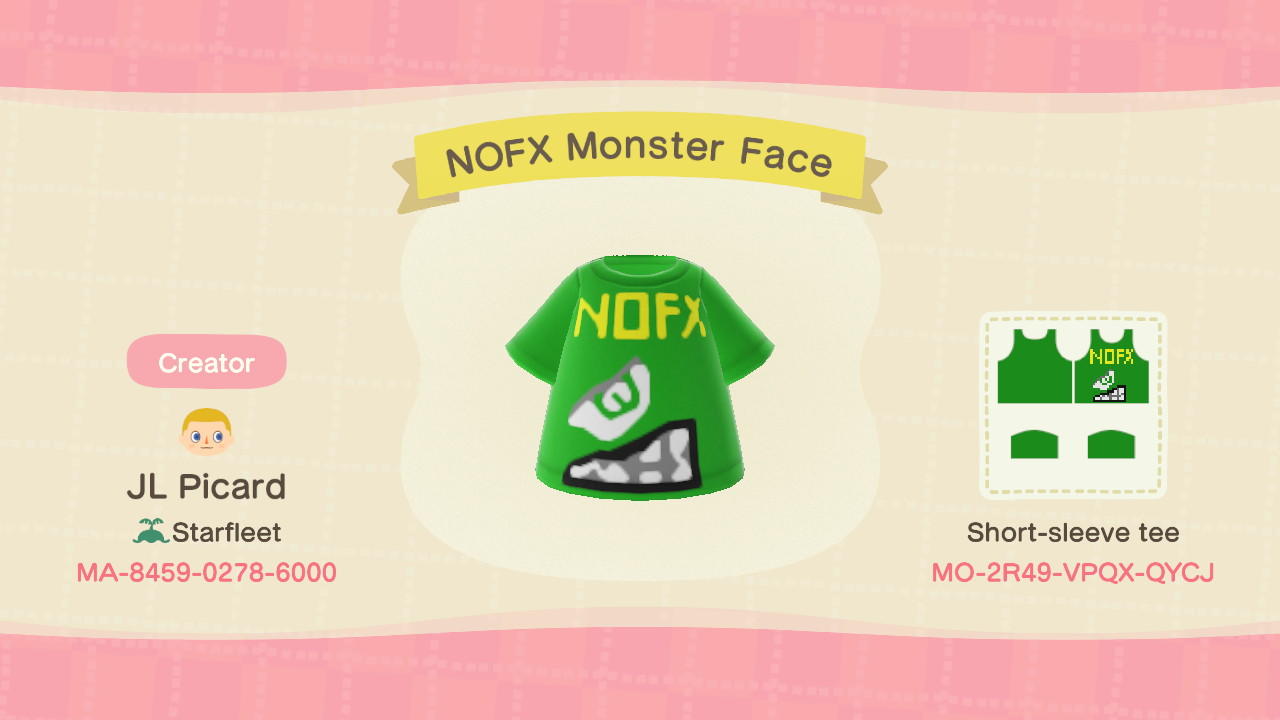 Animal Crossing Design Code: MO-2R49-VPQX-QYCJ NOFX Monster Face