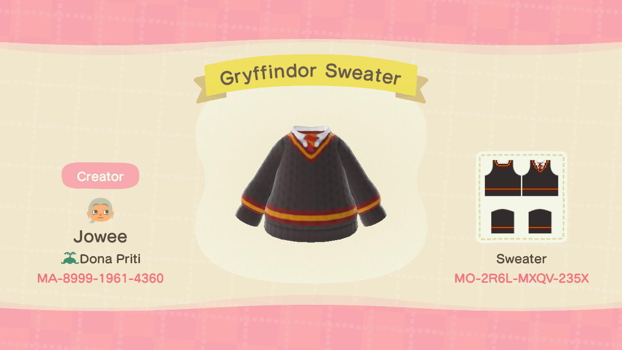 Animal Crossing Design Code: MO-2R6L-MXQV-235X Gryffindor Sweater