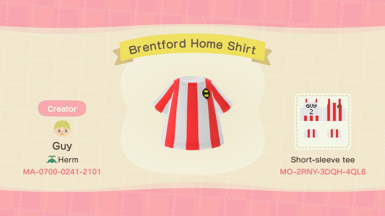 Animal Crossing Design Code: MO-2RNY-3DQH-4QL6 Brentford Home Shirt