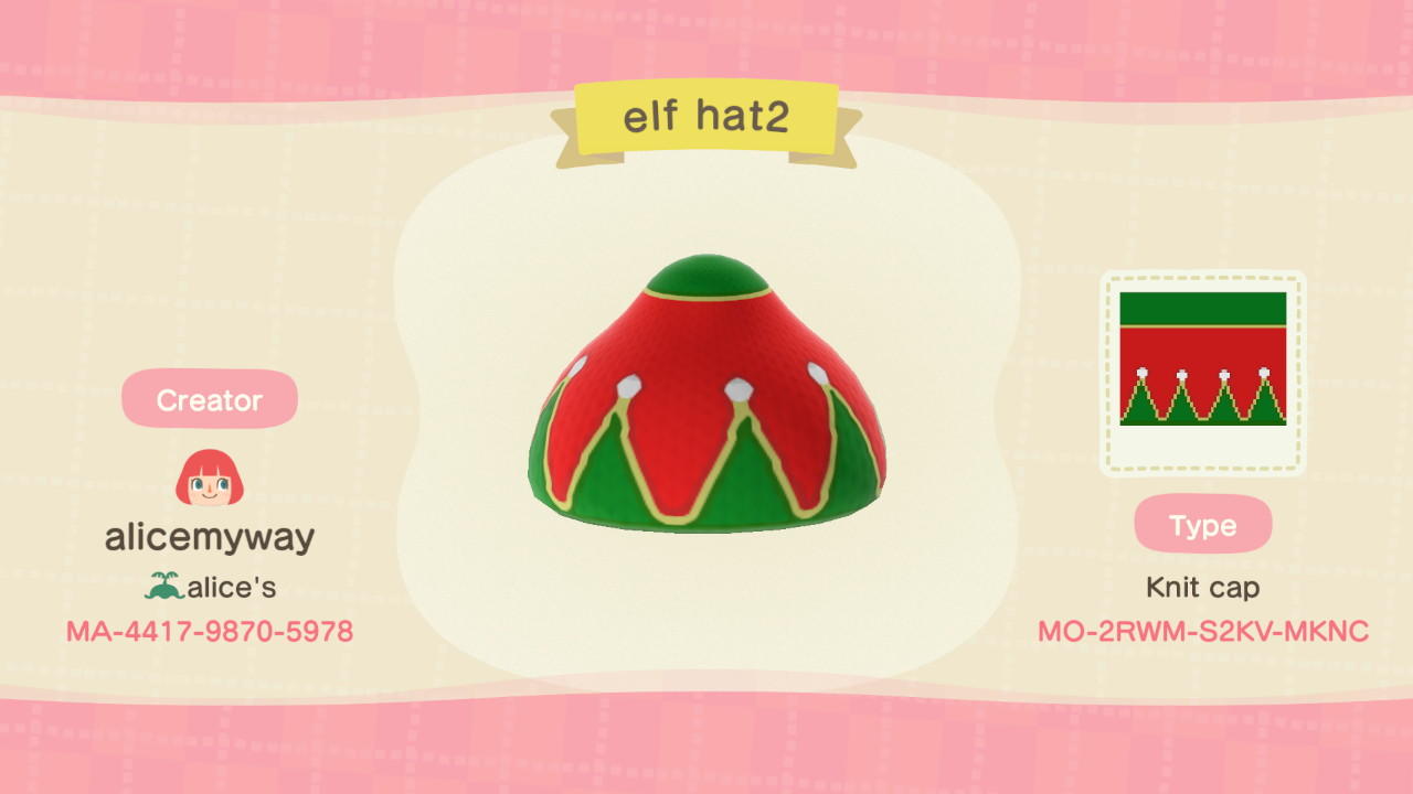 Animal Crossing Design Code: MO-2RWM-S2KV-MKNC Elf hat