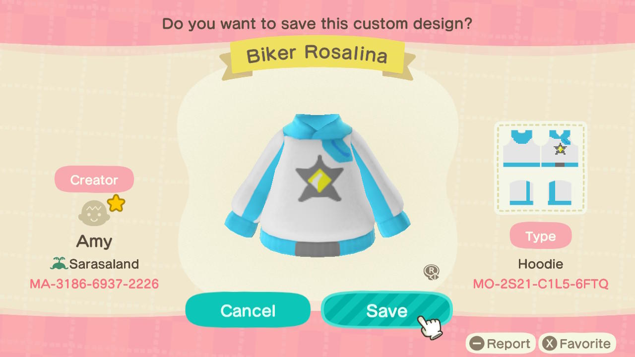Animal Crossing Design Code: MO-2S21-C1L5-6FTQ Biker Rosalina