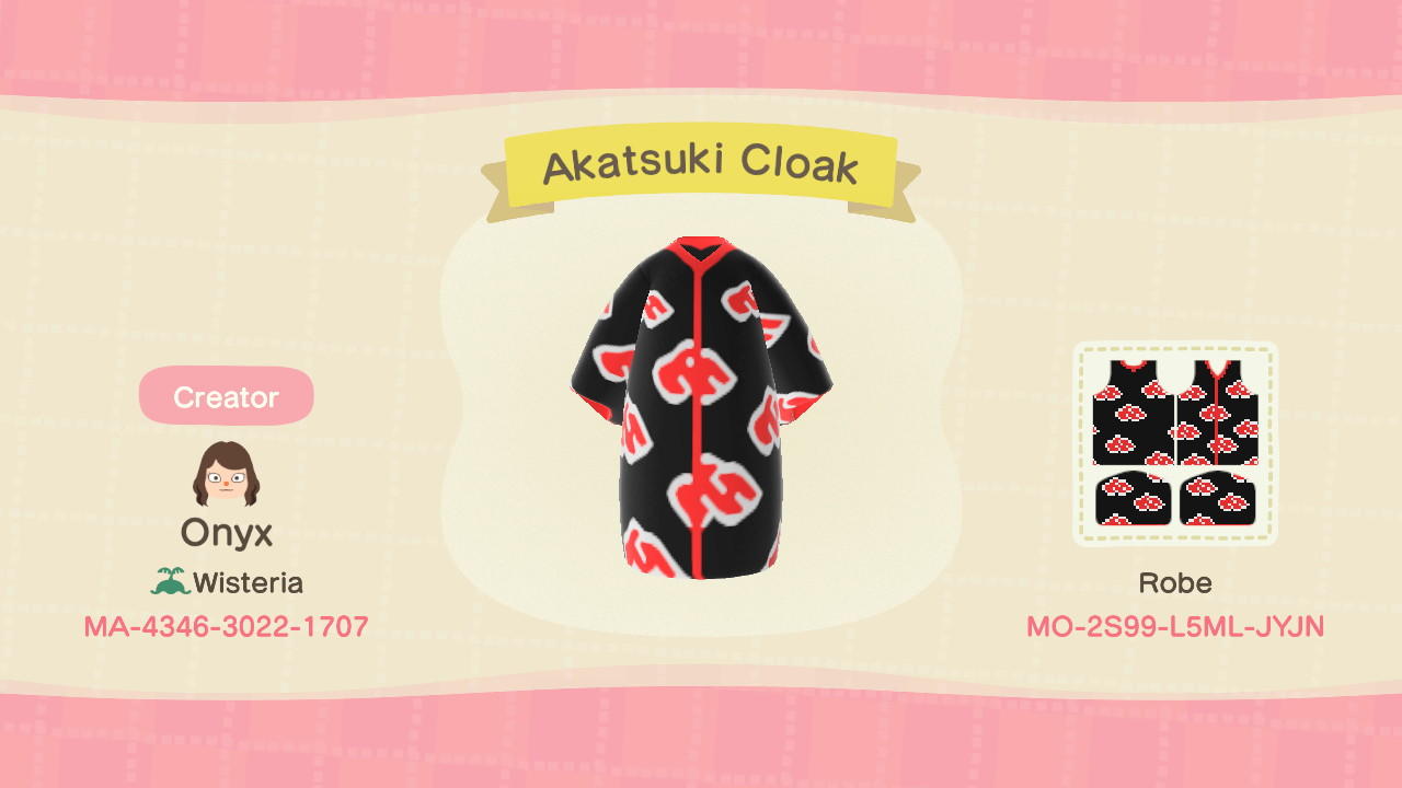 Animal Crossing Design Code: MO-2S99-L5ML-JYJN Akatsuki Cloak