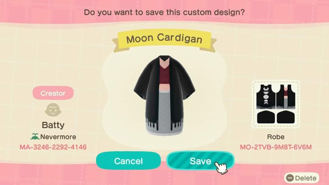 Animal Crossing Design Code: MO-2TVB-9M8T-6V6M Moon Cardigan