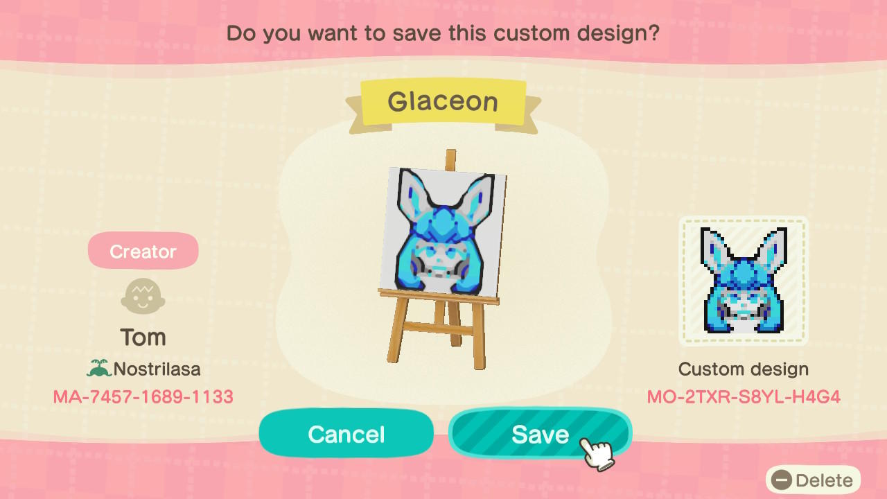 Animal Crossing Design Code: MO-2TXR-S8YL-H4G4 Glaceon