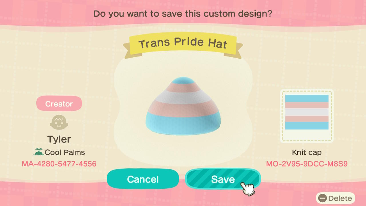 Animal Crossing Design Code: MO-2V95-9DCC-M8S9 Trans Pride Hat