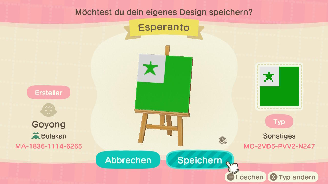 Animal Crossing Design Code: MO-2VD5-PVV2-N247 Esperanto