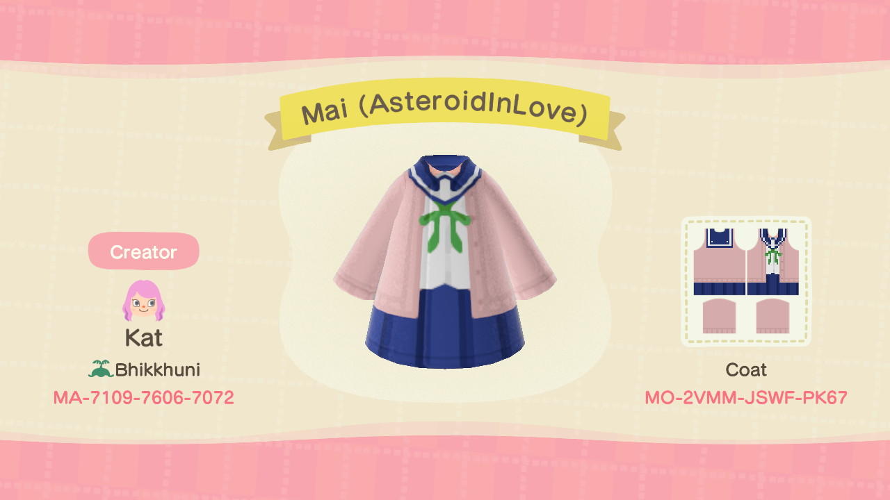 Animal Crossing Design Code: MO-2VMM-JSWF-PK87 Mai (AsteroidInLove)