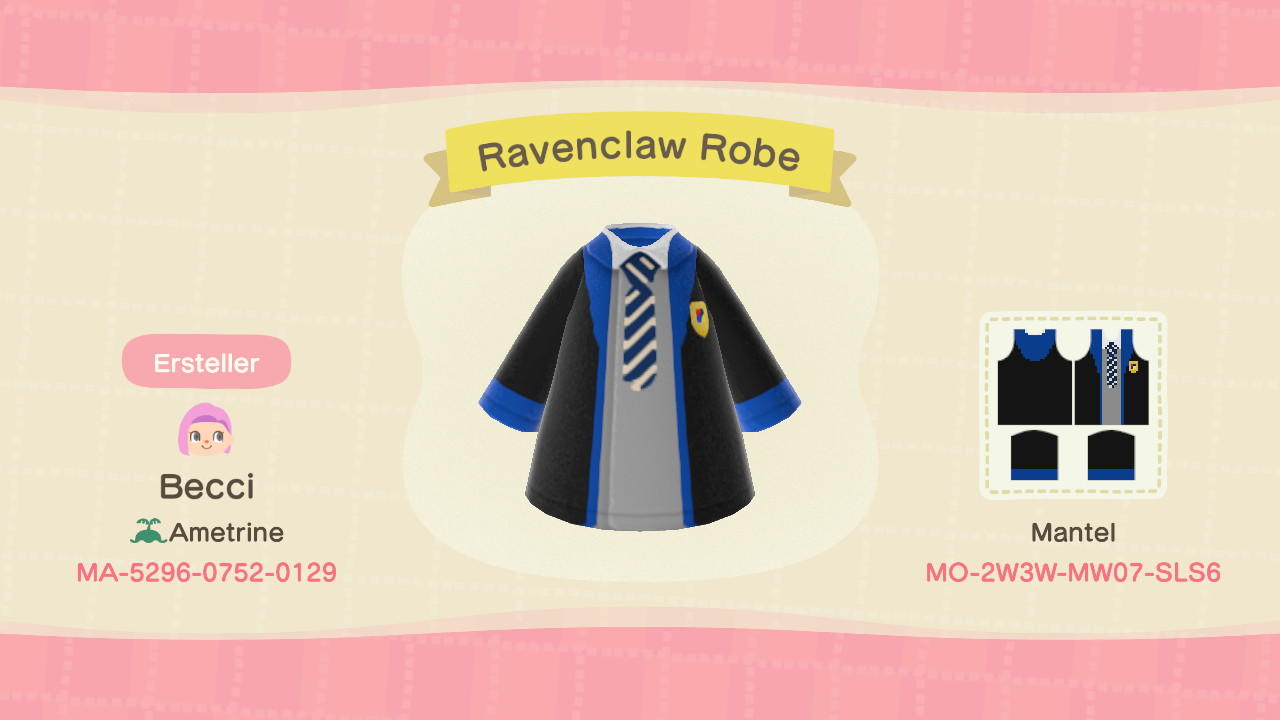 Animal Crossing Design Code: MO-2W3W-MW07-SLS6 Ravenclaw Robe