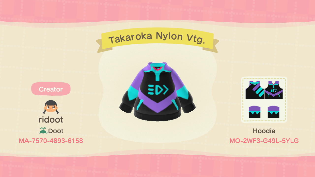 Animal Crossing Design Code: MO-2WF3-G49L-5YLG Takaroka Nylon Vtg.