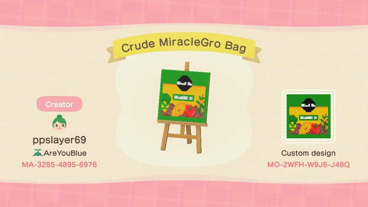 Animal Crossing Design Code: MO-2WFH-W9J6-J48Q Crude MiracleGro Bag
