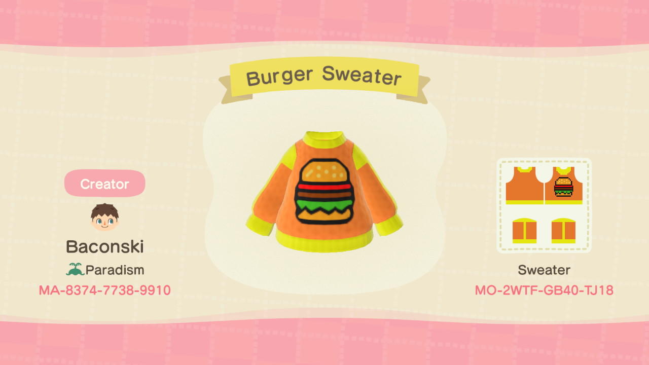 Animal Crossing Design Code: MO-2WTF-GB40-TJ18 Burger Sweater