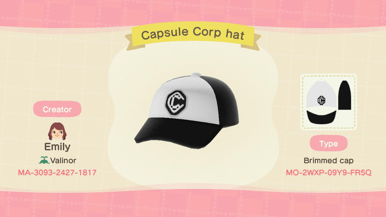 Animal Crossing Design Code: MO-2WXP-09Y9-FR5Q Capsule Corp hat