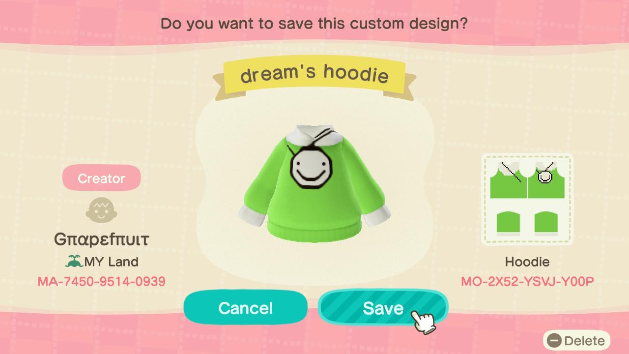 Animal Crossing Design Code: MO-2X52-YSVJ-Y00P Dream's hoodie