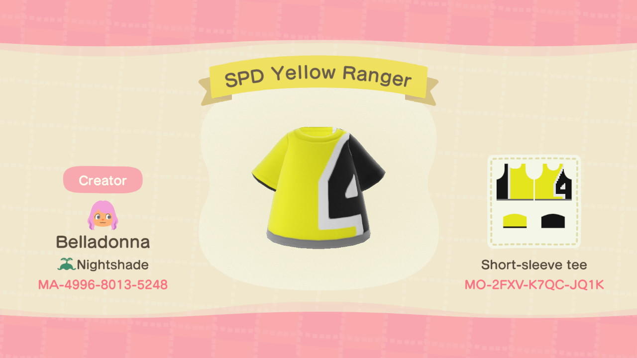 Animal Crossing Design Code: MO-2XFV-K7QC-JQ1K SPD Yellow Ranger T