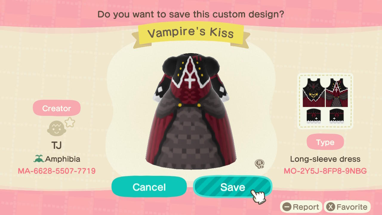 Animal Crossing Design Code: MO-2Y5J-8FP8-9NBG Vampire’s Kiss