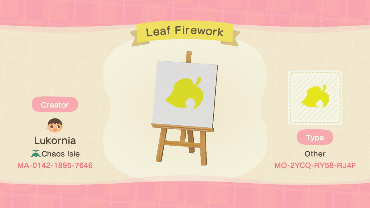 Animal Crossing Design Code: MO-2YCQ-RY58-RJ4F Leaf Firework