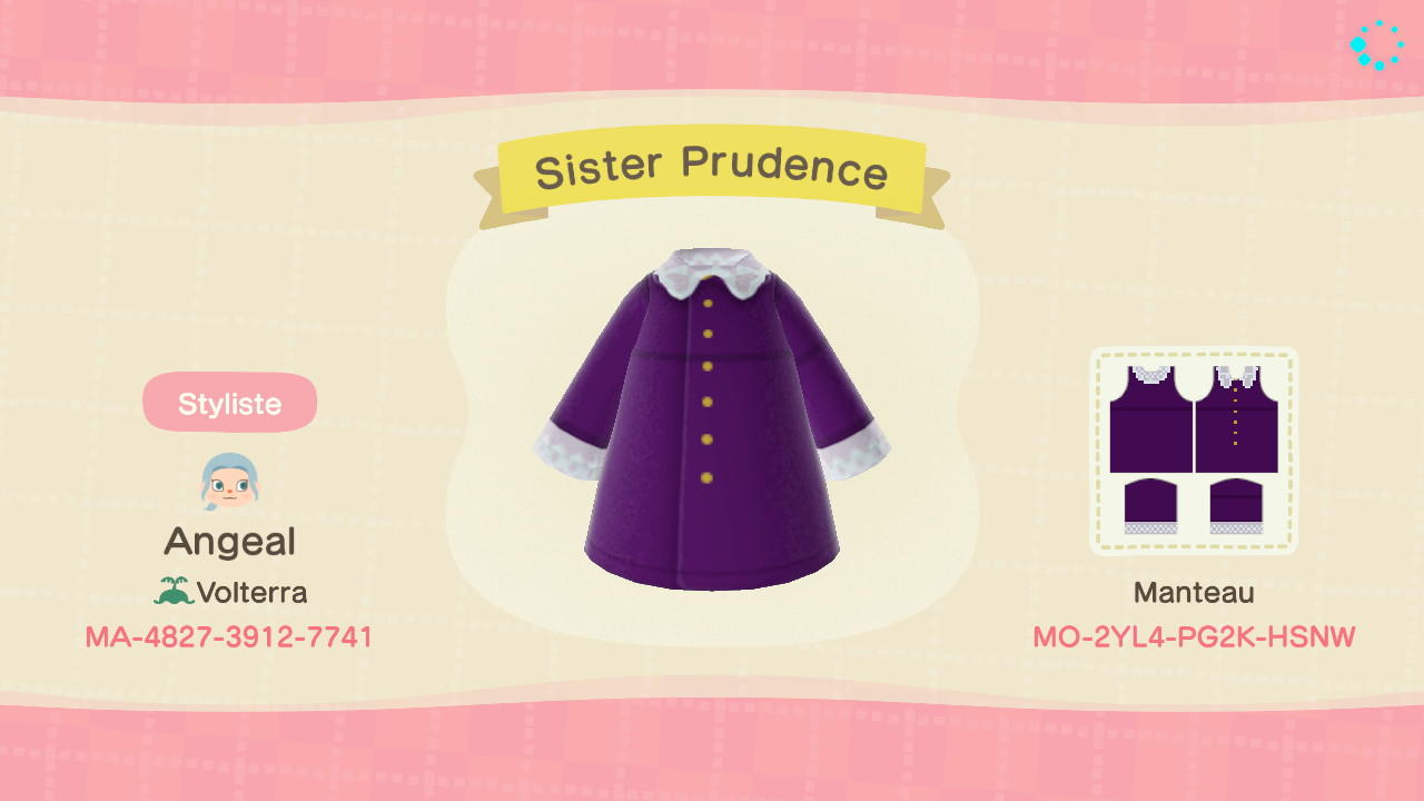 Animal Crossing Design Code: MO-2YL4-PG2K-HSNW Sister Prudence