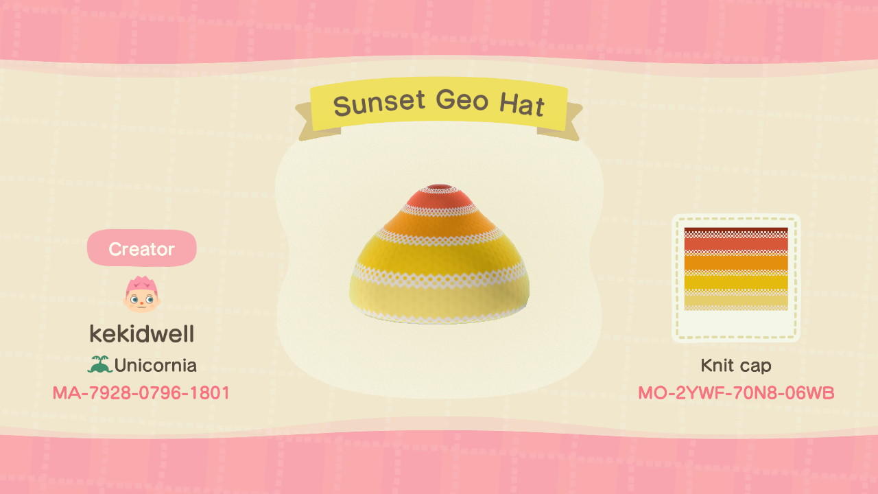 Animal Crossing Design Code: MO-2YWF-70N8-06WB Sunset Geo Hat