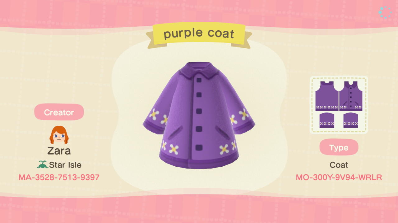 Animal Crossing Design Code: MO-300Y-9V94-WRLR purple coat
