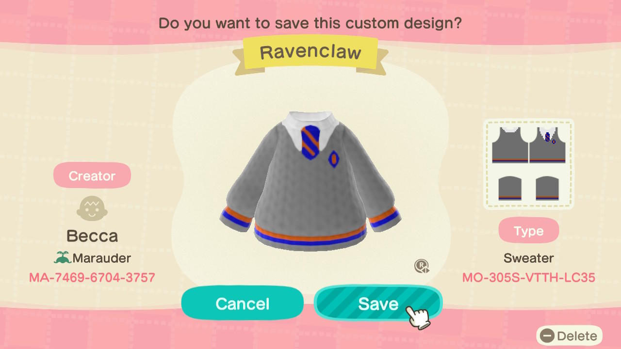 Animal Crossing Design Code: MO-305S-VTTH-LC35 Ravenclaw Jumper
