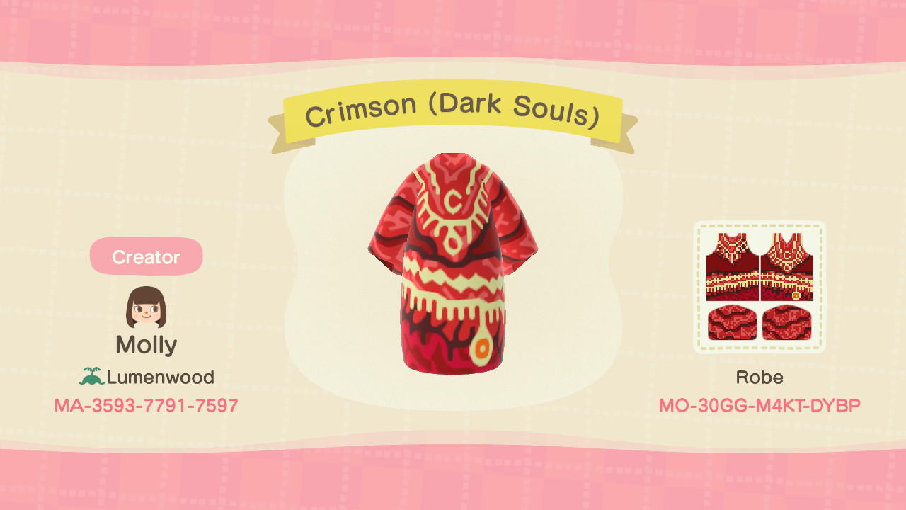 Animal Crossing Design Code: MO-30GG-M4KT-DYBP Crimson (Dark Souls)