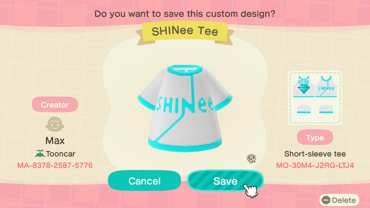 Animal Crossing Design Code: MO-30M4-J2RG-LTJ4 SHINee Tee