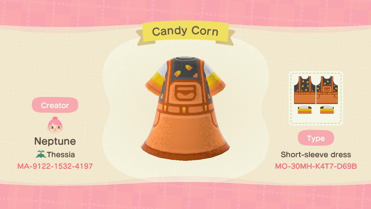 Animal Crossing Design Code: MO-30MH-K4T7-D69B Candy Corn Dress