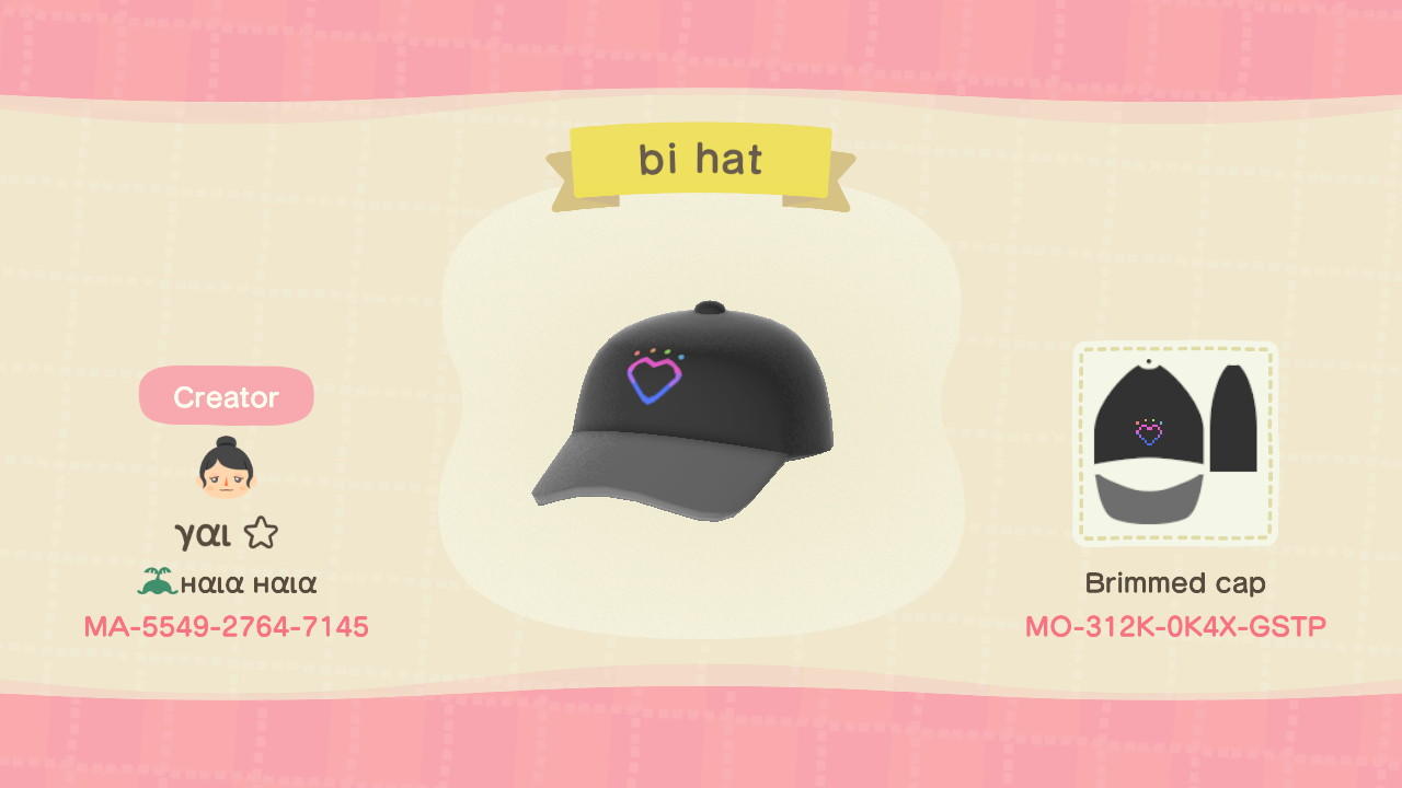 Animal Crossing Design Code: MO-312K-0K4X-GSTP bi hat