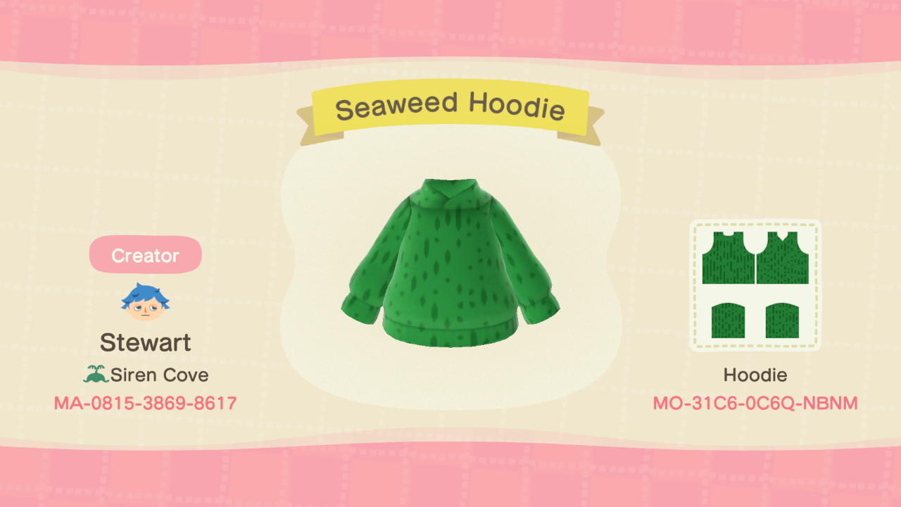 Animal Crossing Design Code: MO-31C6-0C6Q-NBNM Seaweed Hoodie