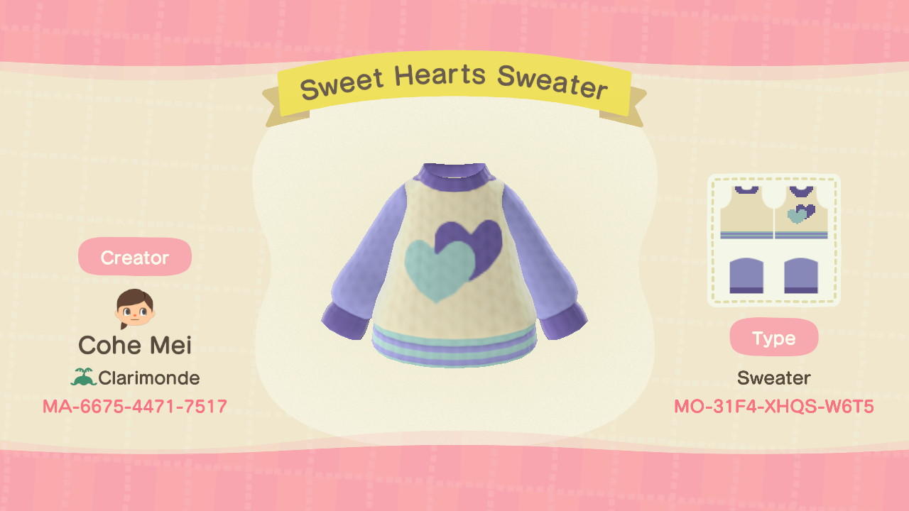 Animal Crossing Design Code: MO-31F4-XHQS-W6T5 Sweet Hearts Sweater