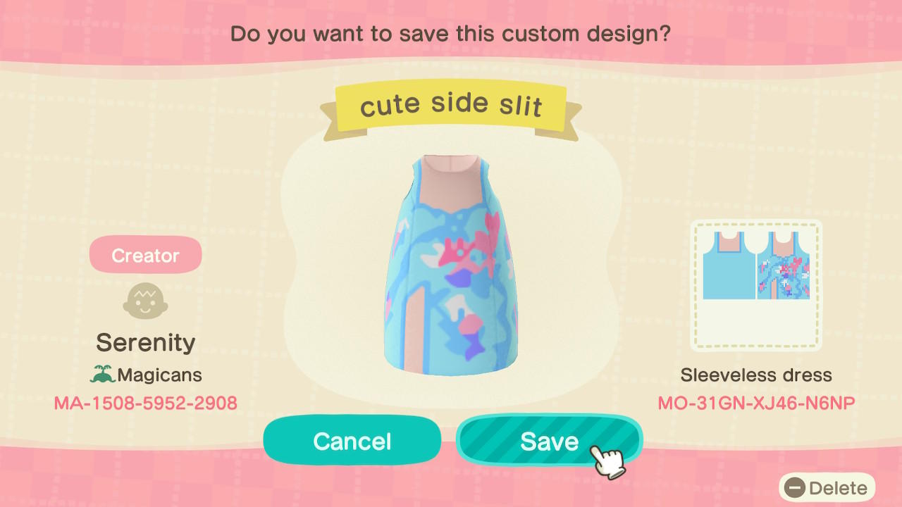 Animal Crossing Design Code: MO-31GN-XJ46-N6NP cute side slit