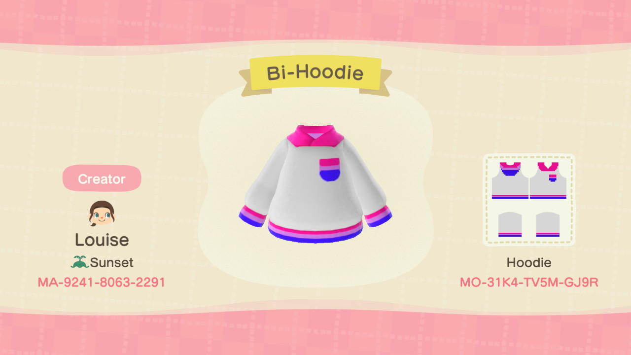 Animal Crossing Design Code: MO-31K4-TV5M-GJ9R Bi-Hoodie