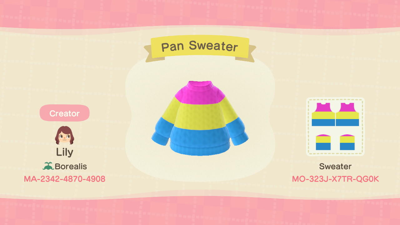 Animal Crossing Design Code: MO-323J-X7TR-QG0K Pansexual (PanSweat)