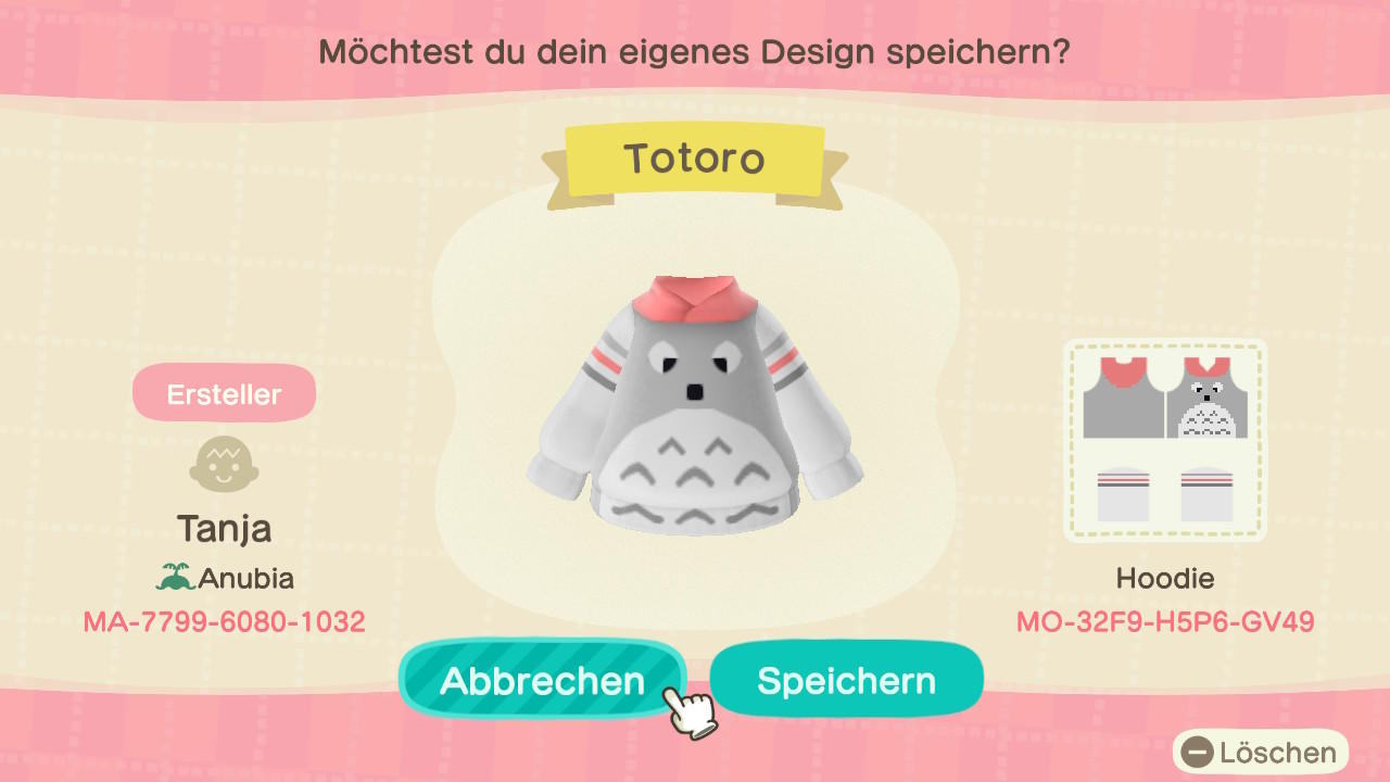 Animal Crossing Design Code: MO-32F9-H5P6-GV49 Totoro-Hoodie