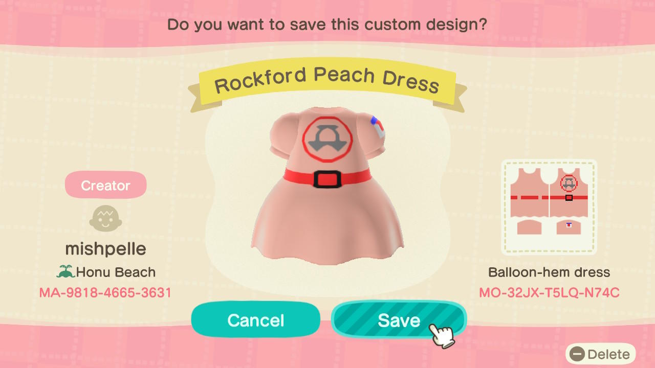 Animal Crossing Design Code: MO-32JX-T5LQ-N74C Rockford Peach Dress
