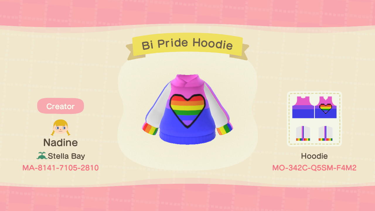 Animal Crossing Design Code: MO-342C-Q5SM-F4M2 Bi Pride Hoodie