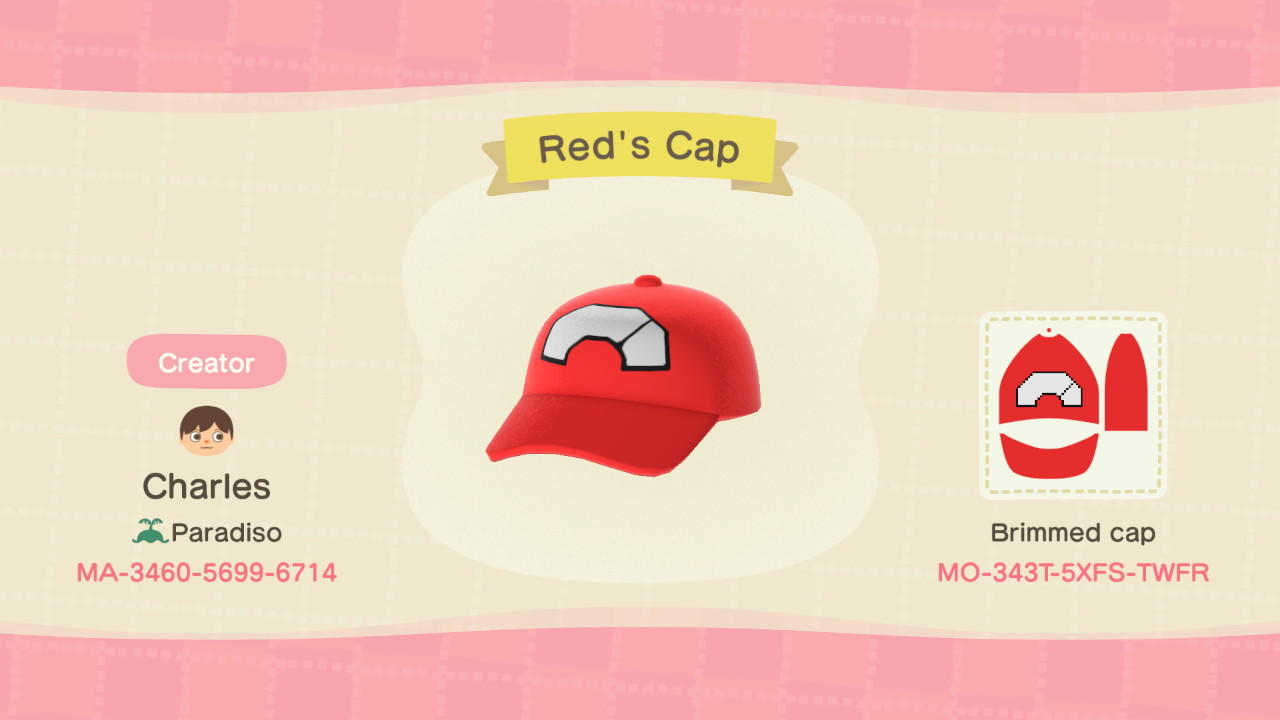 Animal Crossing Design Code: MO-343T-5XFS-TWFR Red&#39;s Cap