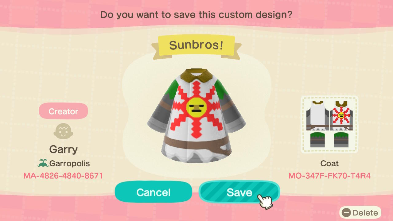 Animal Crossing Design Code: MO-347F-FK70-T4R4 Sunbros!
