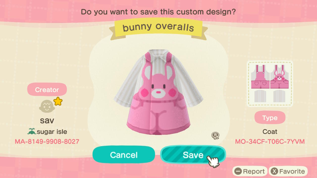 Animal Crossing Design Code: MO-34CF-T06C-7YVM Bunny Overalls
