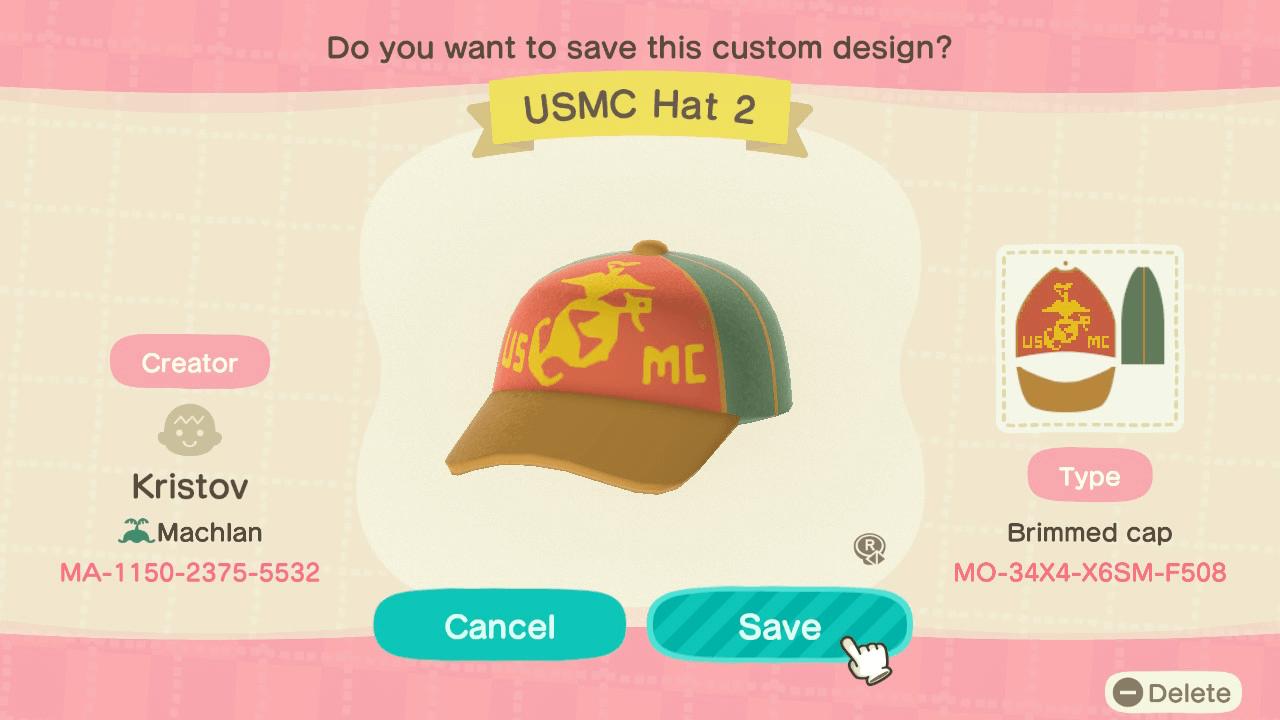 Animal Crossing Design Code: MO-34X4-X6SM-F508 USMC Hat 2