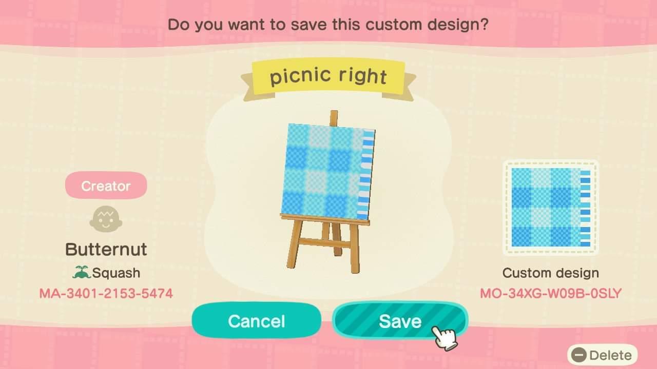 Animal Crossing Design Code: MO-34XG-W09B-0SLY Picnic blanket right