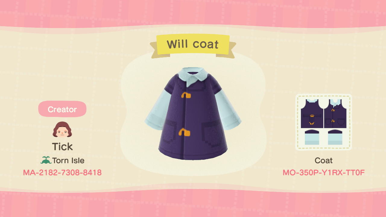 Animal Crossing Design Code: MO-350P-Y1RX-TT0F Will coat