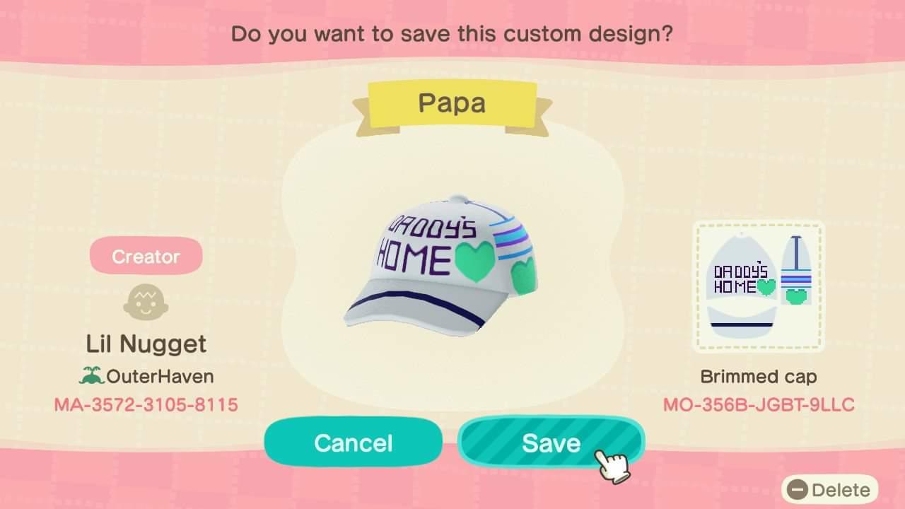Animal Crossing Design Code: MO-356B-JGBT-9LLC Papa