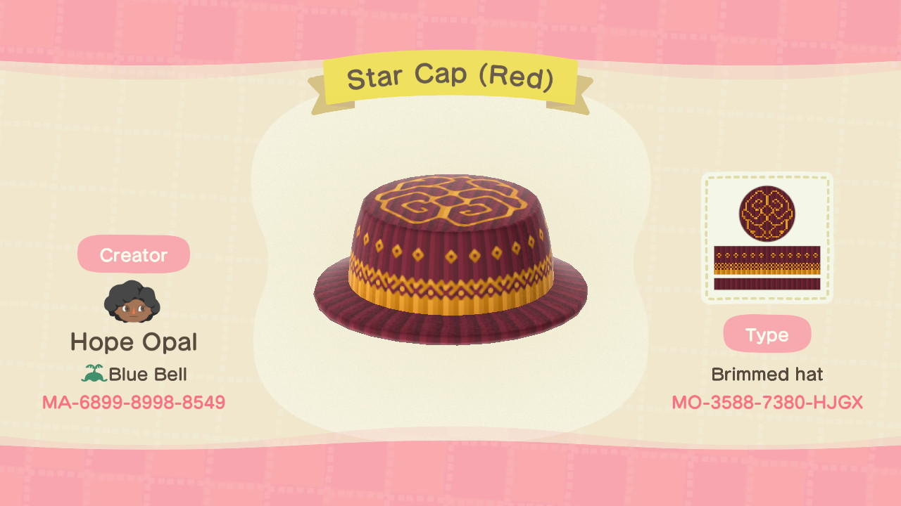 Animal Crossing Design Code: MO-3588-7380-HJGX Star Cap (Red)