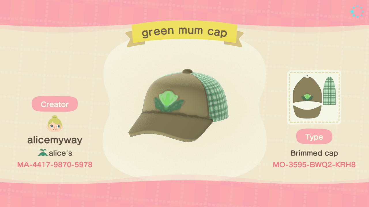 Animal Crossing Design Code: MO-3595-BWQ2-KRH8 Green Mum Cap