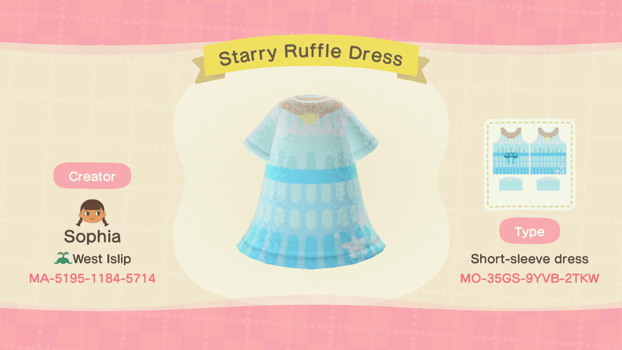 Animal Crossing Design Code: MO-35GS-9YVB-2TKW Starry Ruffle Dress