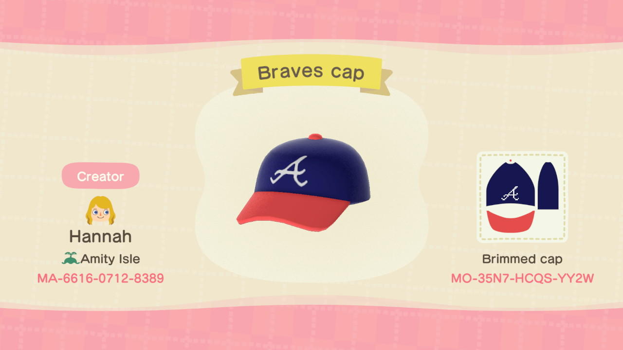 Animal Crossing Design Code: MO-35N7-HCQS-YY2W Braves cap